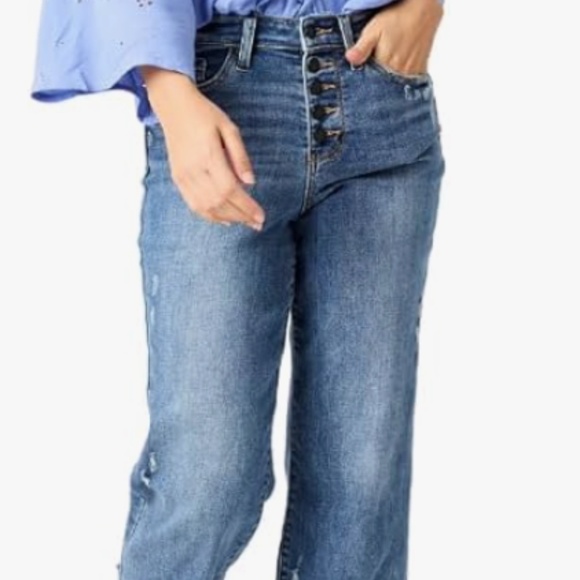 Judy Blue High Waist Destroy Button Fly Wide Leg Crop - Picture 2 of 8